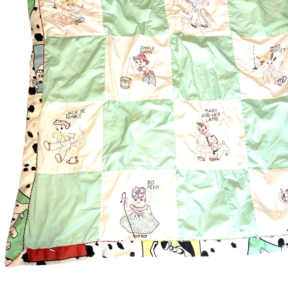Vtg Nursery Rhyme Embroidered Quilt Reversible 101 Dalmatians Baby Blanket